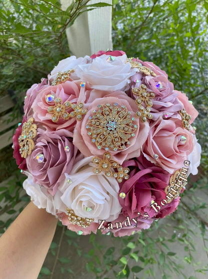 Blush, Mauve, Cream, and Magenta with gold brooches bouquet. BLCRMA009 by MARINA'S CRAFT.