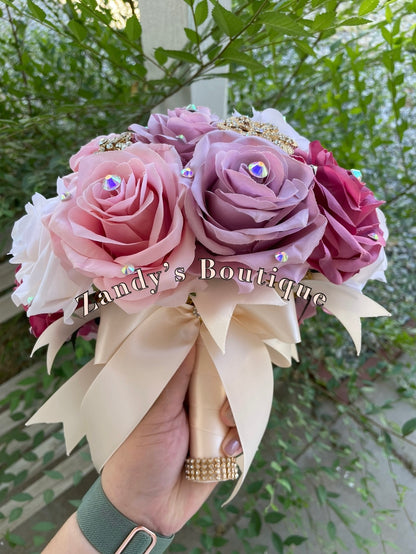 Blush, Mauve, Cream, and Magenta with gold brooches bouquet. BLCRMA009 by MARINA'S CRAFT.