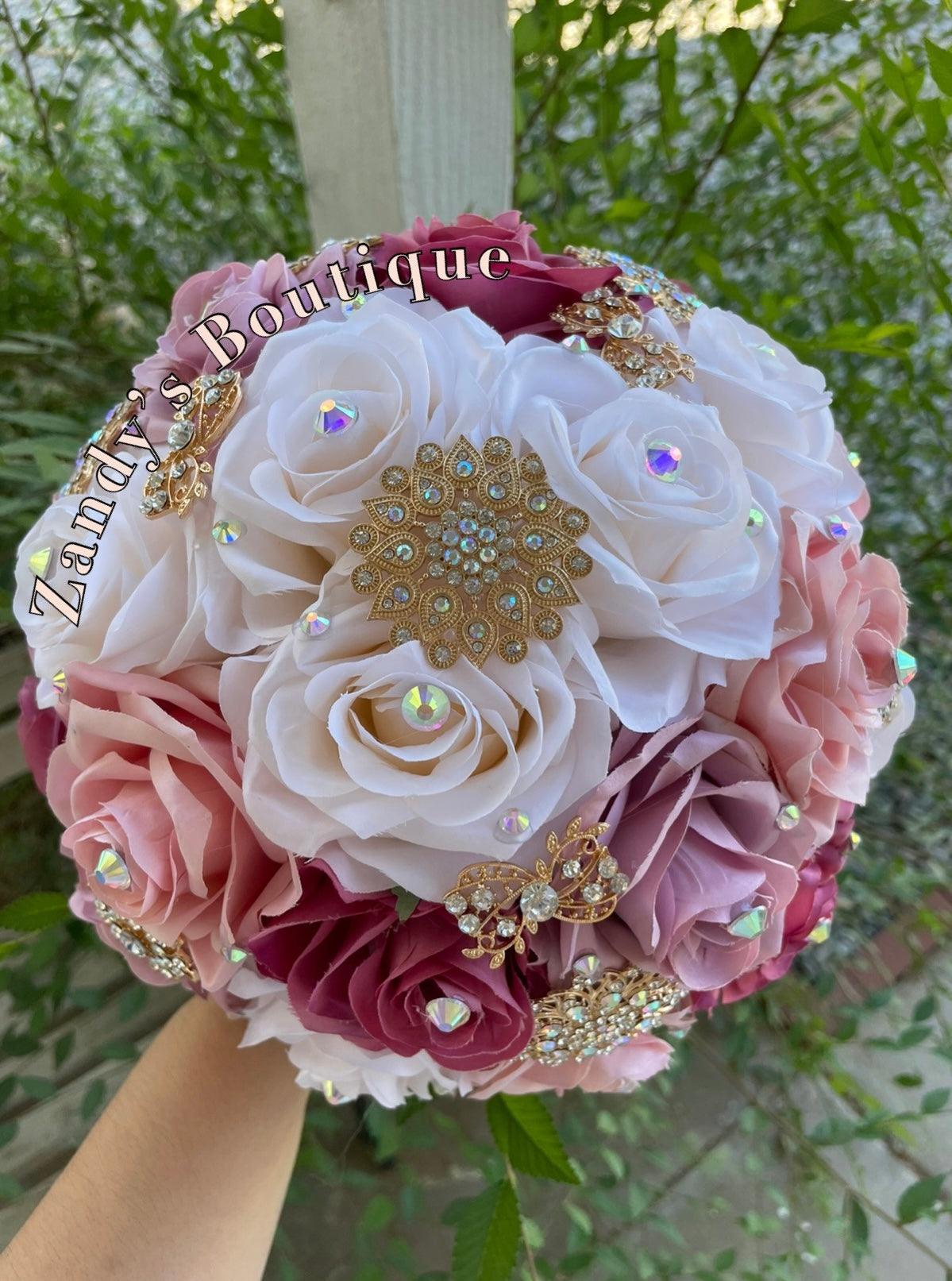 Cream, Blush, Mauve, and Magenta with gold brooches bouquet. CRBLMA010 by MARINA'S CRAFT.