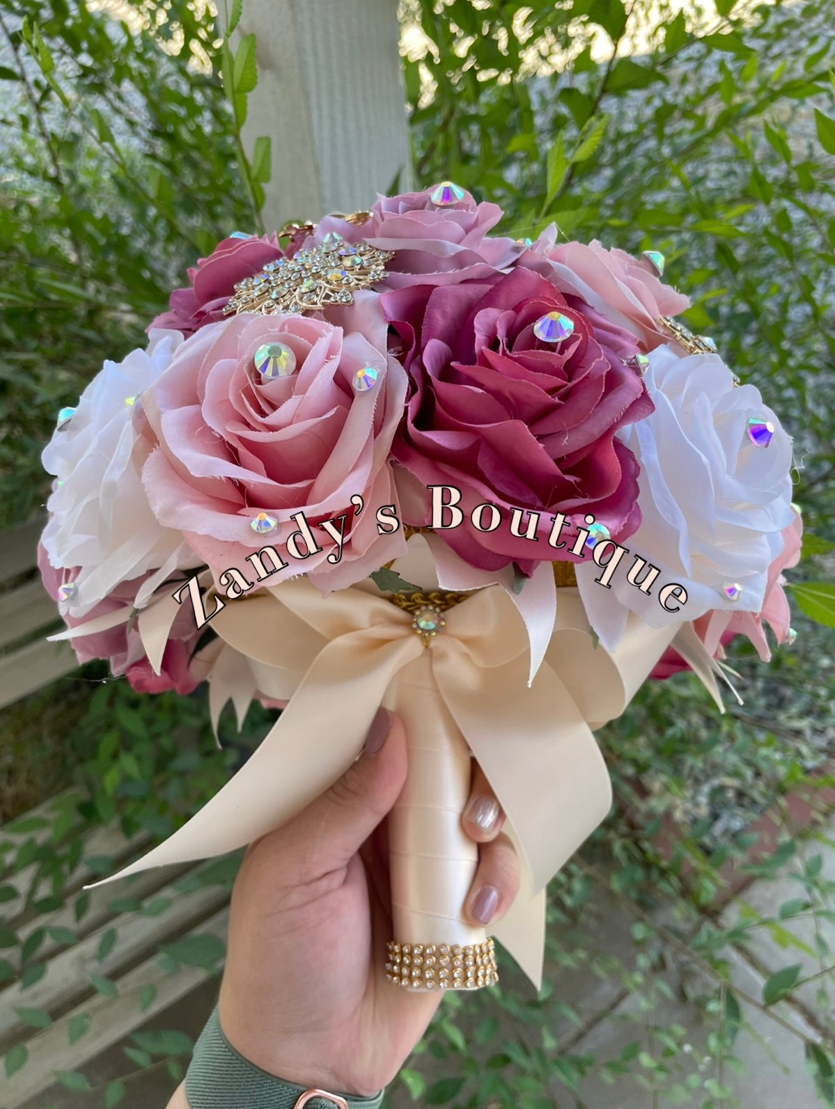 Cream, Blush, Mauve, and Magenta with gold brooches bouquet. CRBLMA010 by MARINA'S CRAFT.