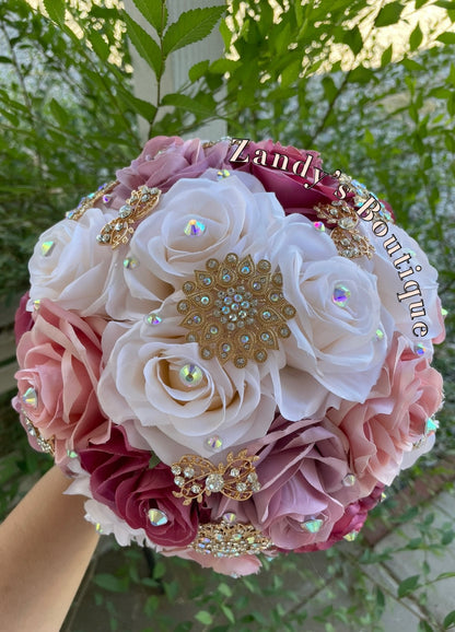 Cream, Blush, Mauve, and Magenta with gold brooches bouquet. CRBLMA010 by MARINA'S CRAFT.