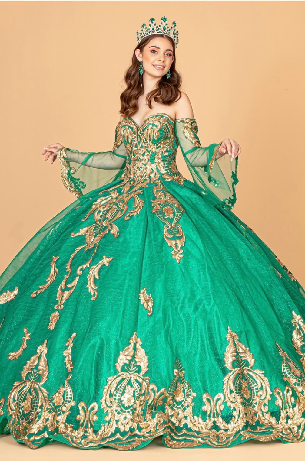 Sequin Embellished Glitter Mesh Quinceanera Dress w/ Detached Mesh Sleeve by Elizabeth K GL1914 (GLS COLLECTIVE)