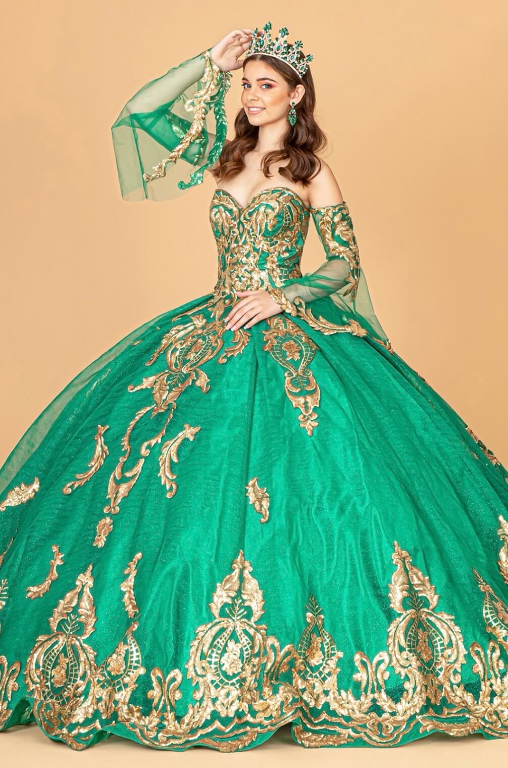 Sequin Embellished Glitter Mesh Quinceanera Dress w/ Detached Mesh Sleeve by Elizabeth K GL1914 (GLS COLLECTIVE)