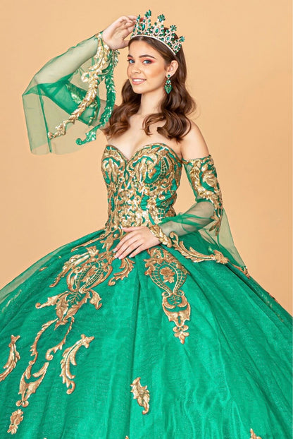 Sequin Embellished Glitter Mesh Quinceanera Dress w/ Detached Mesh Sleeve by Elizabeth K GL1914 (GLS COLLECTIVE)