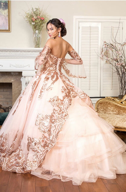 Sequin Embellished Glitter Mesh Quinceanera Dress w/ Detached Mesh Sleeve by Elizabeth K GL1914 (GLS COLLECTIVE)