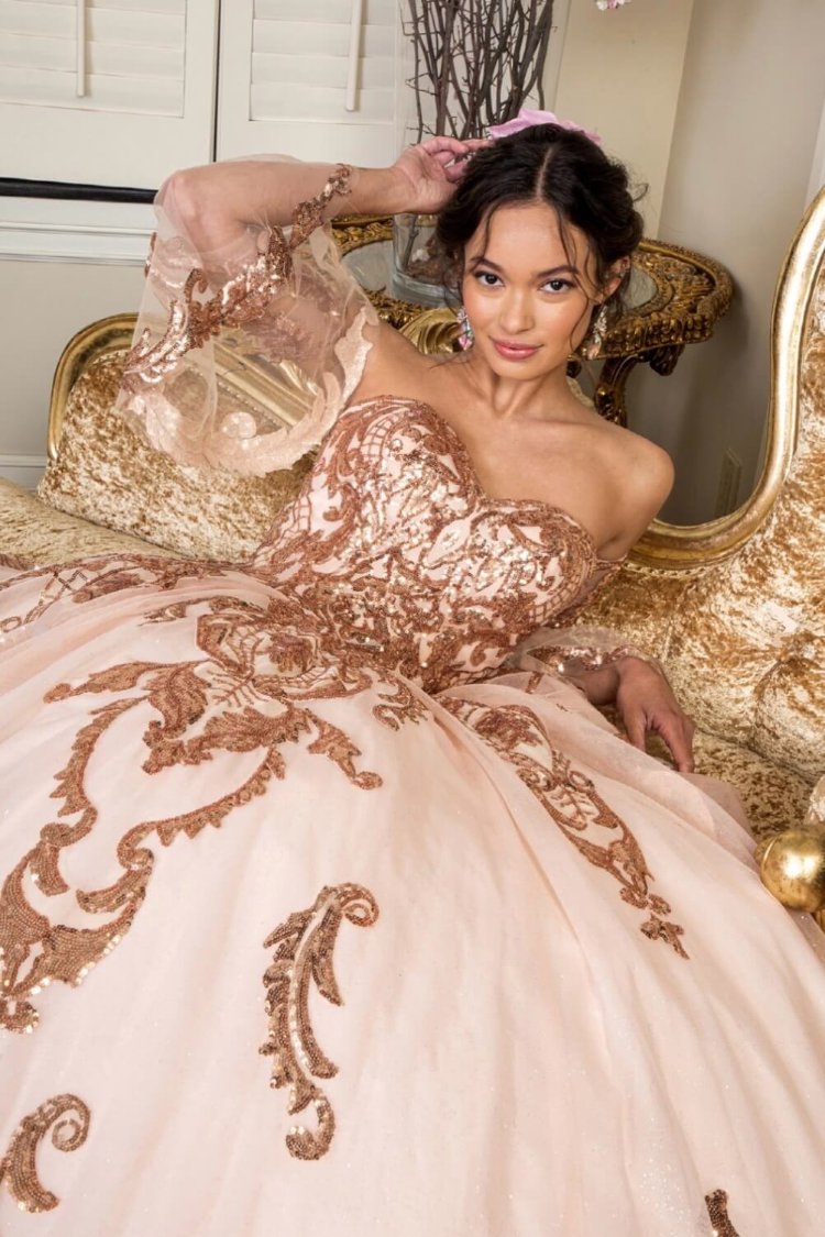 Sequin Embellished Glitter Mesh Quinceanera Dress w/ Detached Mesh Sleeve by Elizabeth K GL1914 (GLS COLLECTIVE)