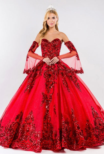 Sequin Embellished Glitter Mesh Quinceanera Dress w/ Detached Mesh Sleeve by Elizabeth K GL1914 (GLS COLLECTIVE)