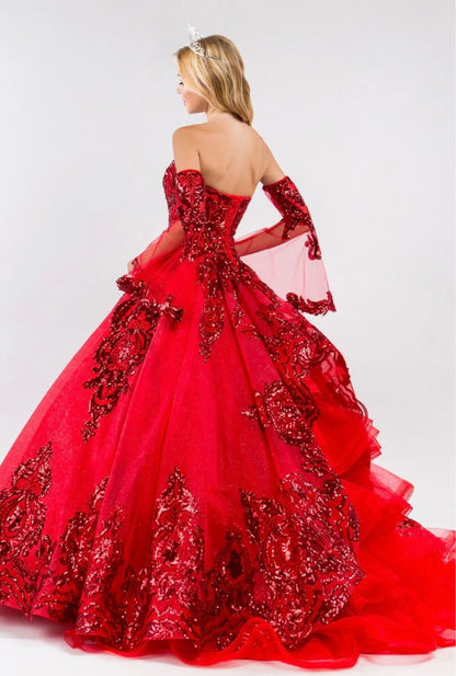 Sequin Embellished Glitter Mesh Quinceanera Dress w/ Detached Mesh Sleeve by Elizabeth K GL1914 (GLS COLLECTIVE)