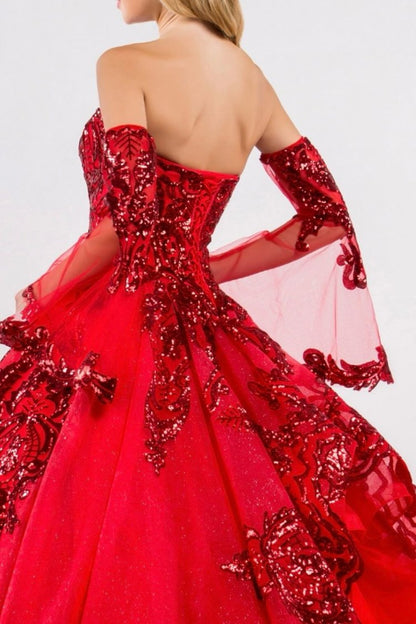 Sequin Embellished Glitter Mesh Quinceanera Dress w/ Detached Mesh Sleeve by Elizabeth K GL1914 (GLS COLLECTIVE)