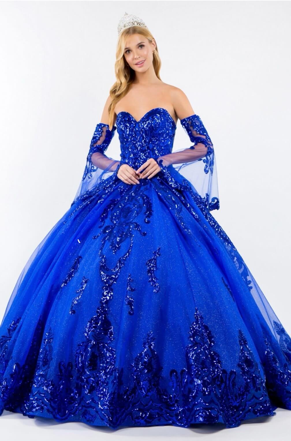 Sequin Embellished Glitter Mesh Quinceanera Dress w/ Detached Mesh Sleeve by Elizabeth K GL1914 (GLS COLLECTIVE)