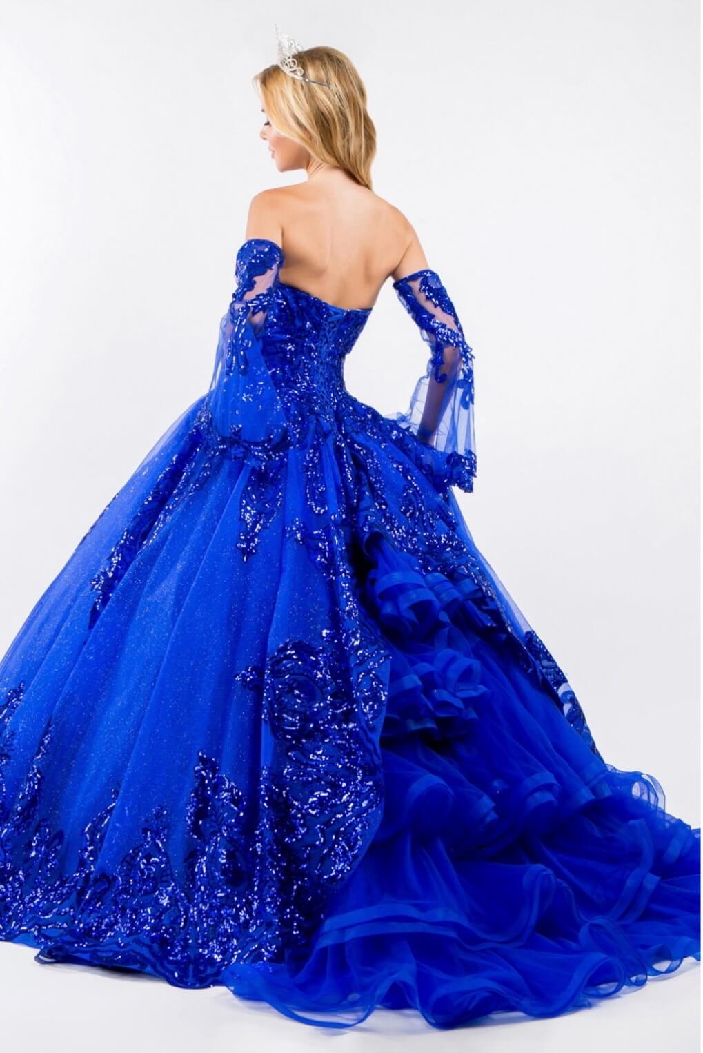 Sequin Embellished Glitter Mesh Quinceanera Dress w/ Detached Mesh Sleeve by Elizabeth K GL1914 (GLS COLLECTIVE)