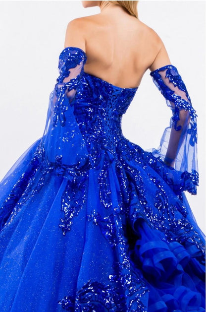 Sequin Embellished Glitter Mesh Quinceanera Dress w/ Detached Mesh Sleeve by Elizabeth K GL1914 (GLS COLLECTIVE)