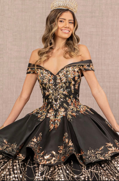 Gold Embroidered Satin Quinceanera Ball Gown by Elizabeth K GL3098 (GLS COLLECTIVE)