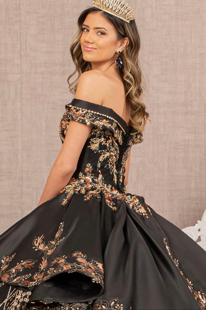 Gold Embroidered Satin Quinceanera Ball Gown by Elizabeth K GL3098 (GLS COLLECTIVE)