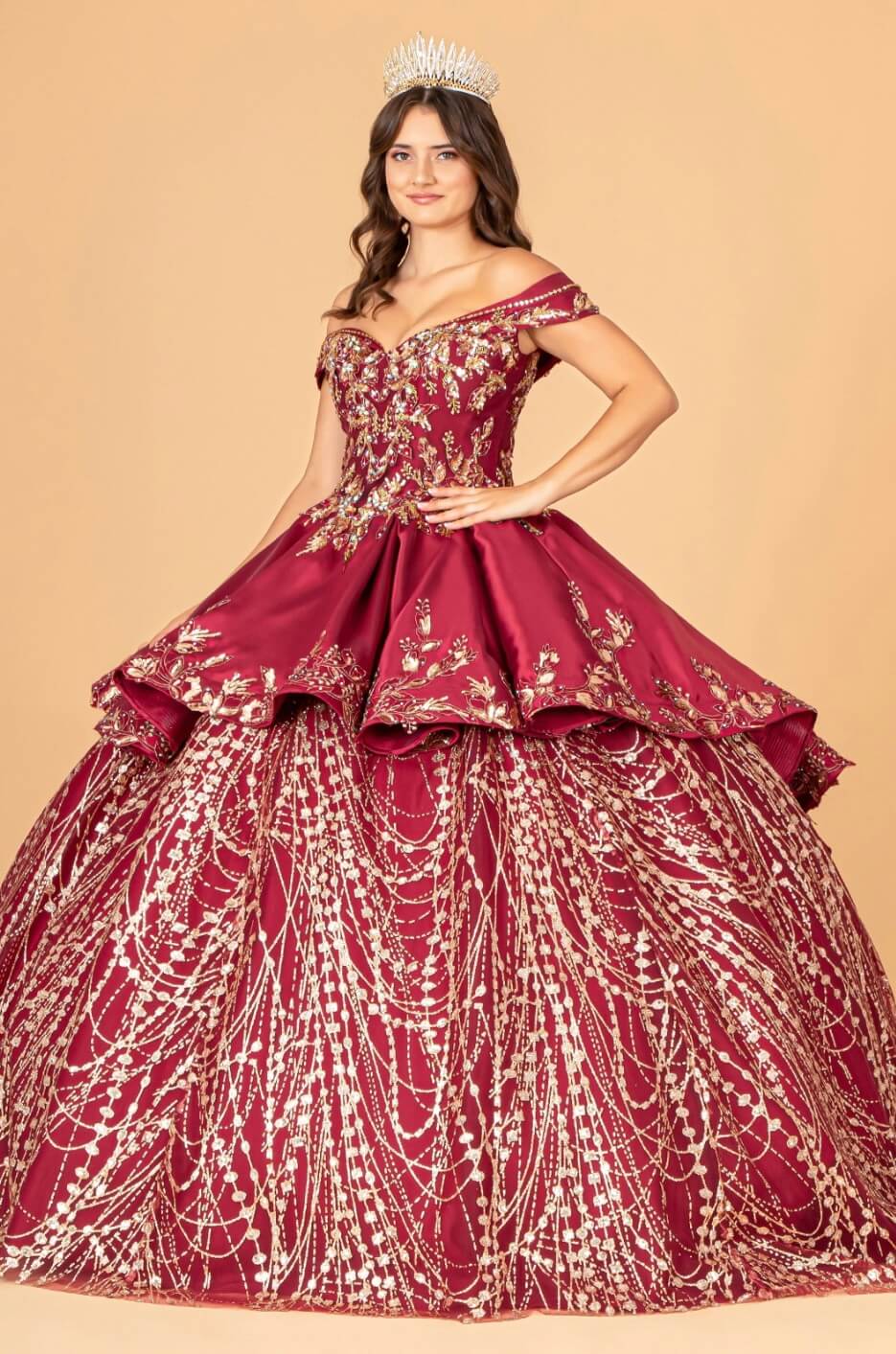 Gold Embroidered Satin Quinceanera Ball Gown by Elizabeth K GL3098 (GLS COLLECTIVE)