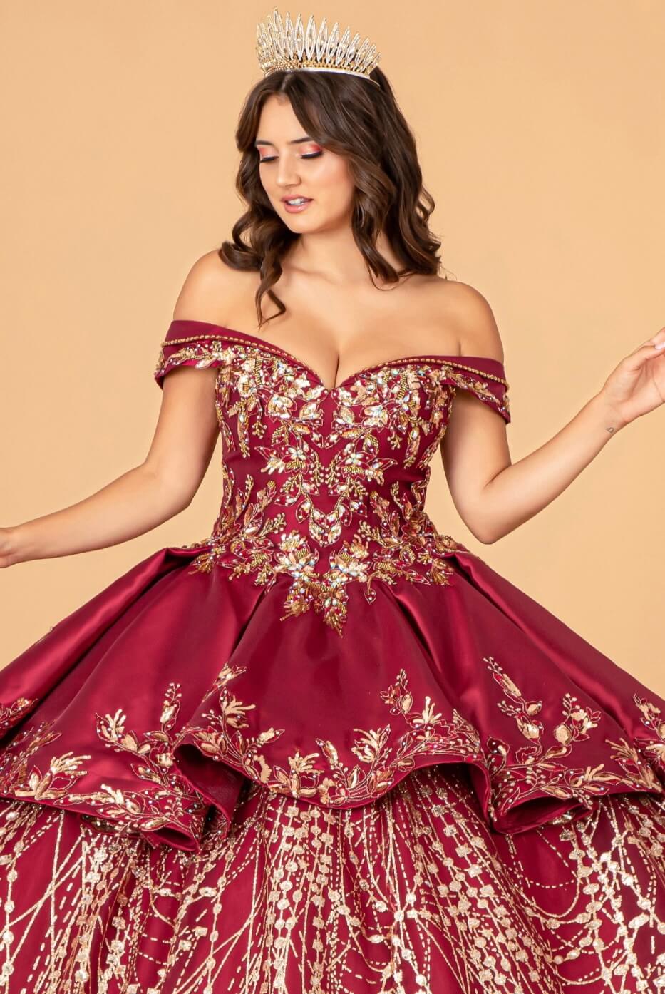 Gold Embroidered Satin Quinceanera Ball Gown by Elizabeth K GL3098 (GLS COLLECTIVE)