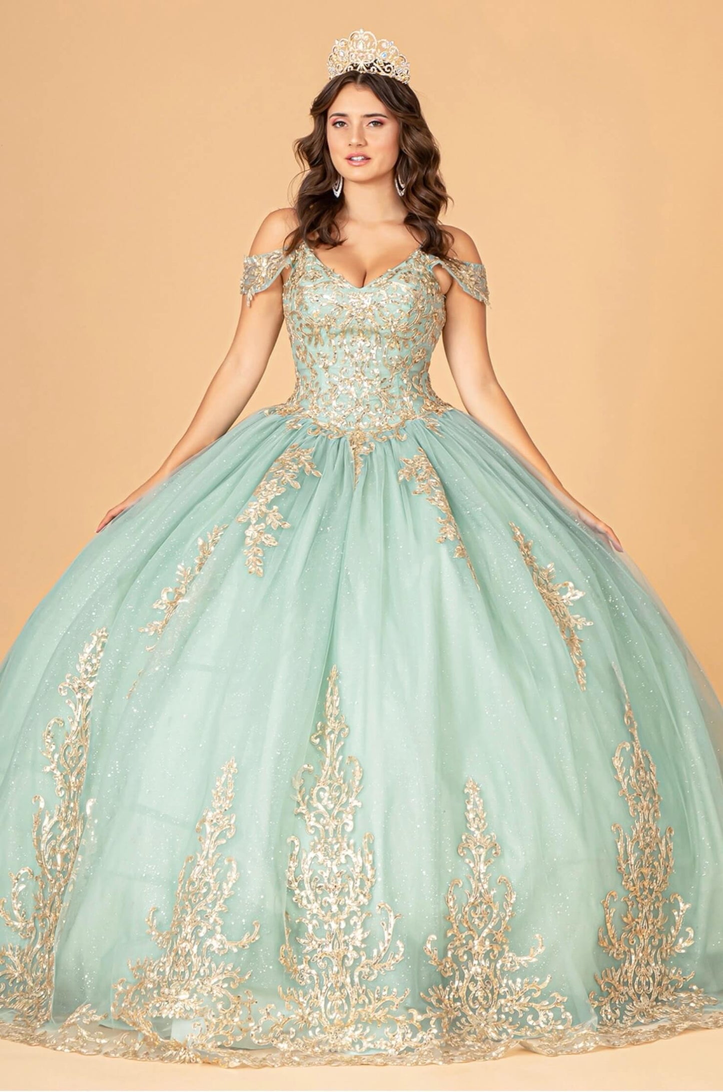 Gold Embroidered Mesh Quinceanera Ball Gown w/ Corset Back Airy Mesh Fabric with Sparkly Glitter by Elizabeth K GL3100  (GLS COLLECTIVE)