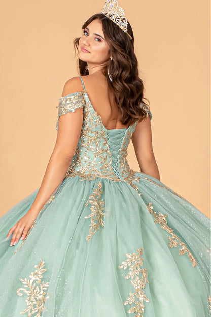 Gold Embroidered Mesh Quinceanera Ball Gown w/ Corset Back Airy Mesh Fabric with Sparkly Glitter by Elizabeth K GL3100  (GLS COLLECTIVE)