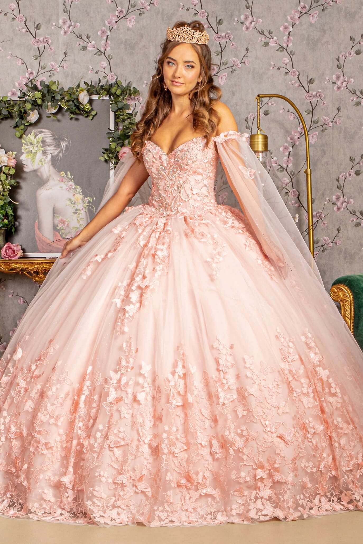 3D Butterfly Applique Glitter Quinceanera Gown w/ Long Mesh Layer by Elizabeth K GL3110 (GLS COLLECTIVE)