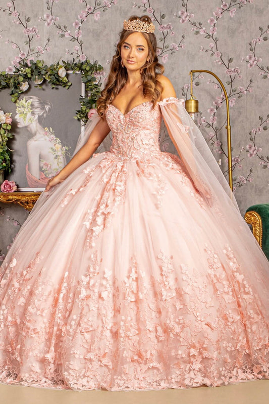 3D Butterfly Applique Glitter Quinceanera Gown w/ Long Mesh Layer by Elizabeth K GL3110 (GLS COLLECTIVE)