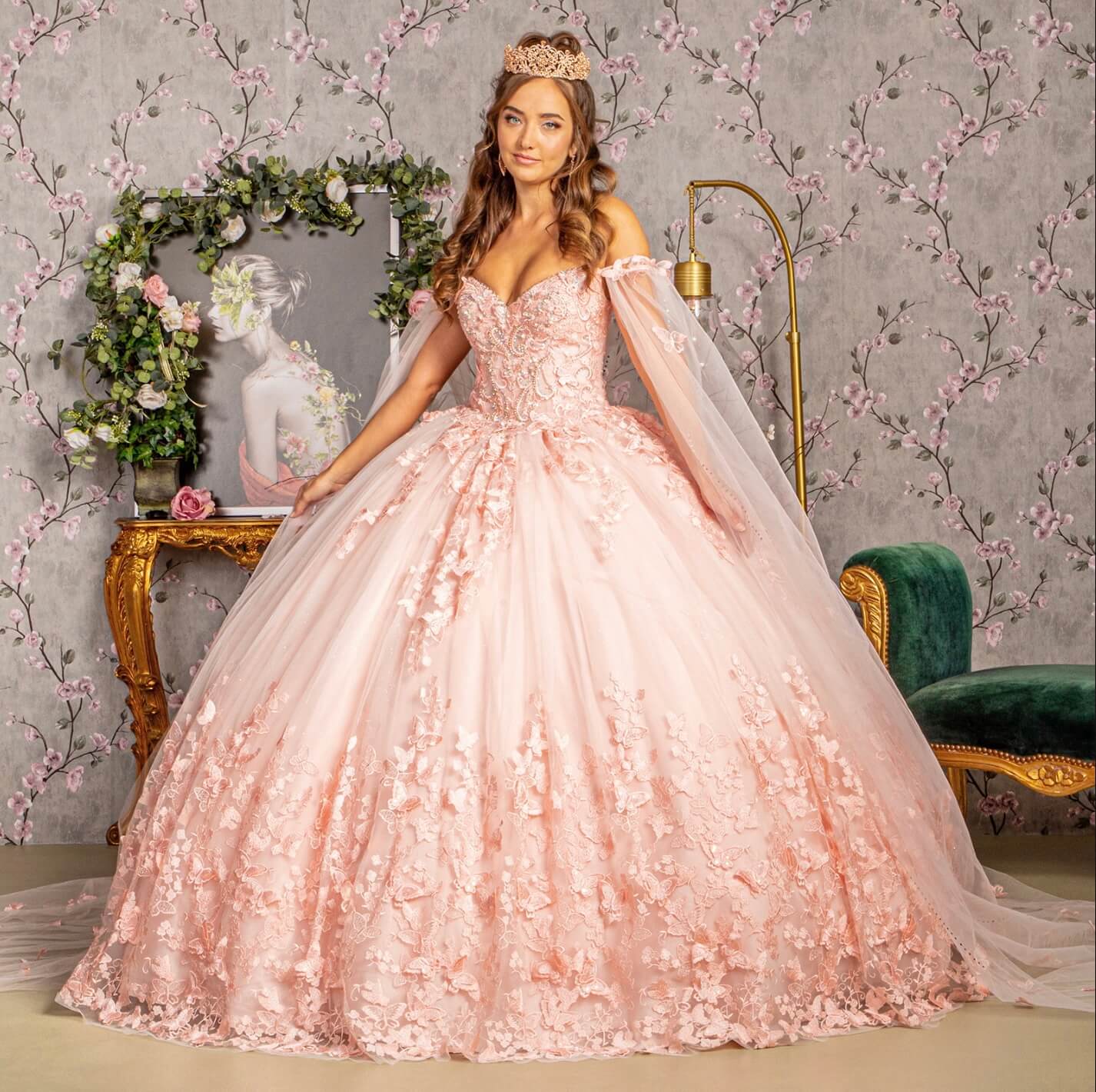 3D Butterfly Applique Glitter Quinceanera Gown w/ Long Mesh Layer by Elizabeth K GL3110 (GLS COLLECTIVE)