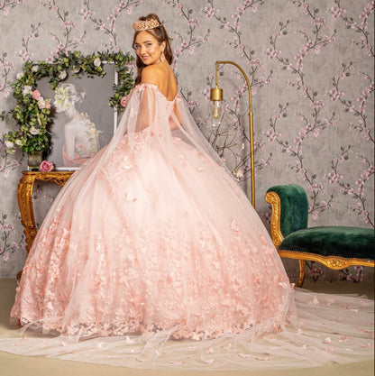 3D Butterfly Applique Glitter Quinceanera Gown w/ Long Mesh Layer by Elizabeth K GL3110 (GLS COLLECTIVE)