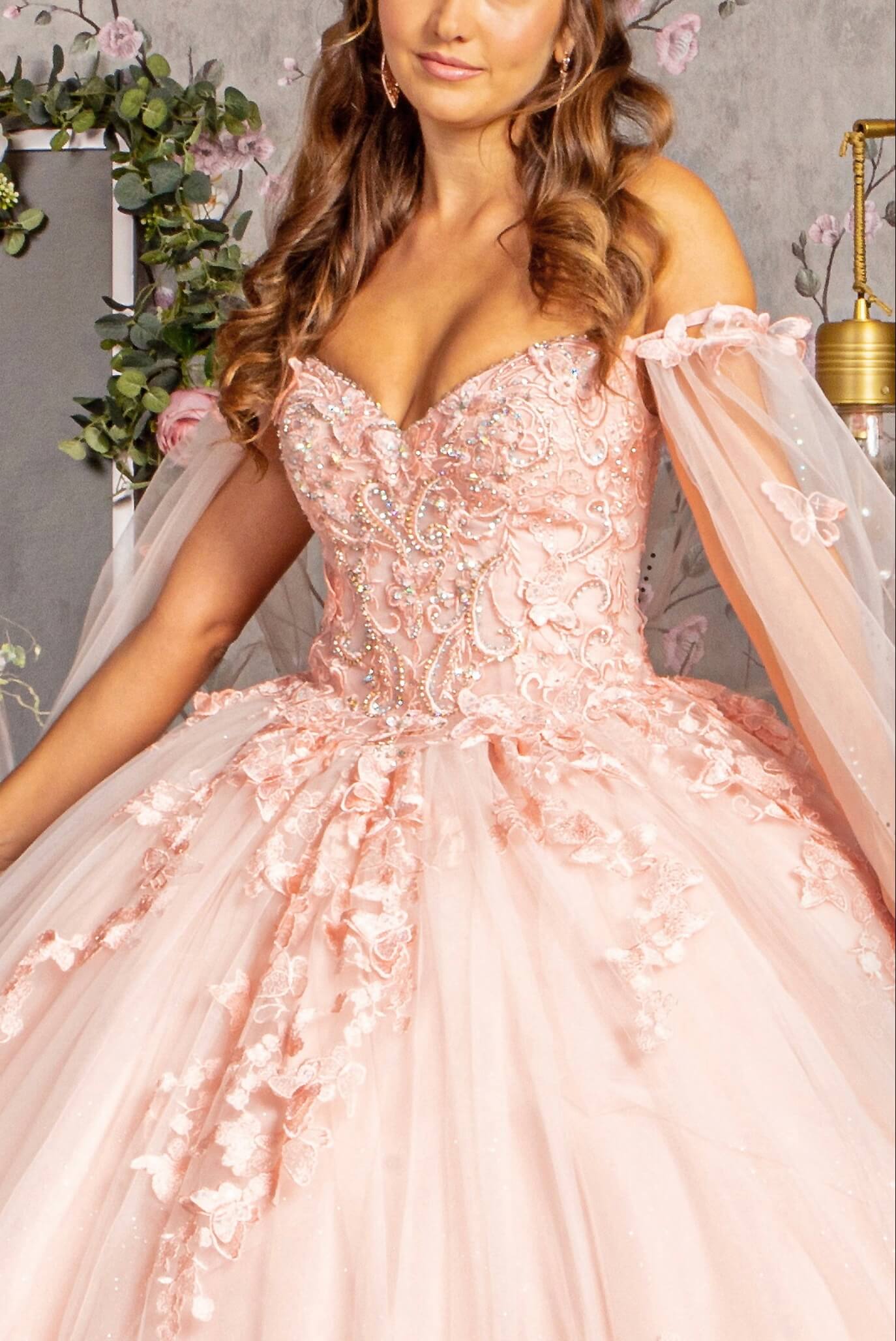 3D Butterfly Applique Glitter Quinceanera Gown w/ Long Mesh Layer by Elizabeth K GL3110 (GLS COLLECTIVE)