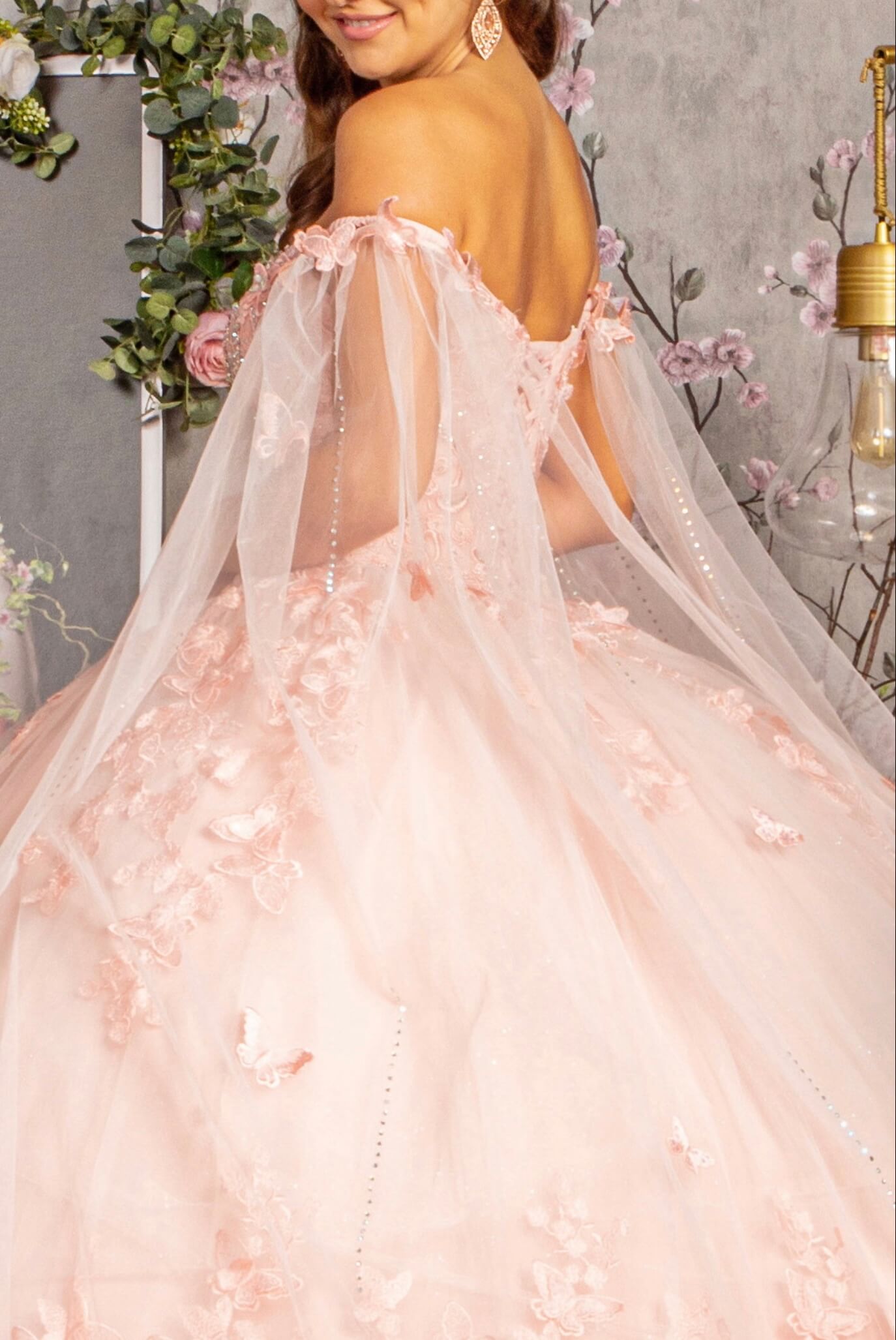 3D Butterfly Applique Glitter Quinceanera Gown w/ Long Mesh Layer by Elizabeth K GL3110 (GLS COLLECTIVE)