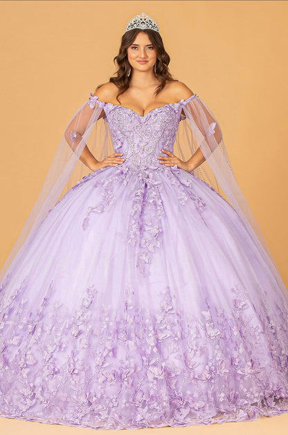 3D Butterfly Applique Glitter Quinceanera Gown w/ Long Mesh Layer by Elizabeth K GL3110 (GLS COLLECTIVE)