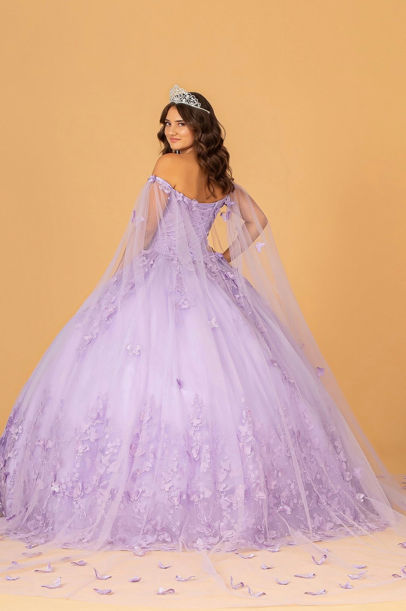 3D Butterfly Applique Glitter Quinceanera Gown w/ Long Mesh Layer by Elizabeth K GL3110 (GLS COLLECTIVE)