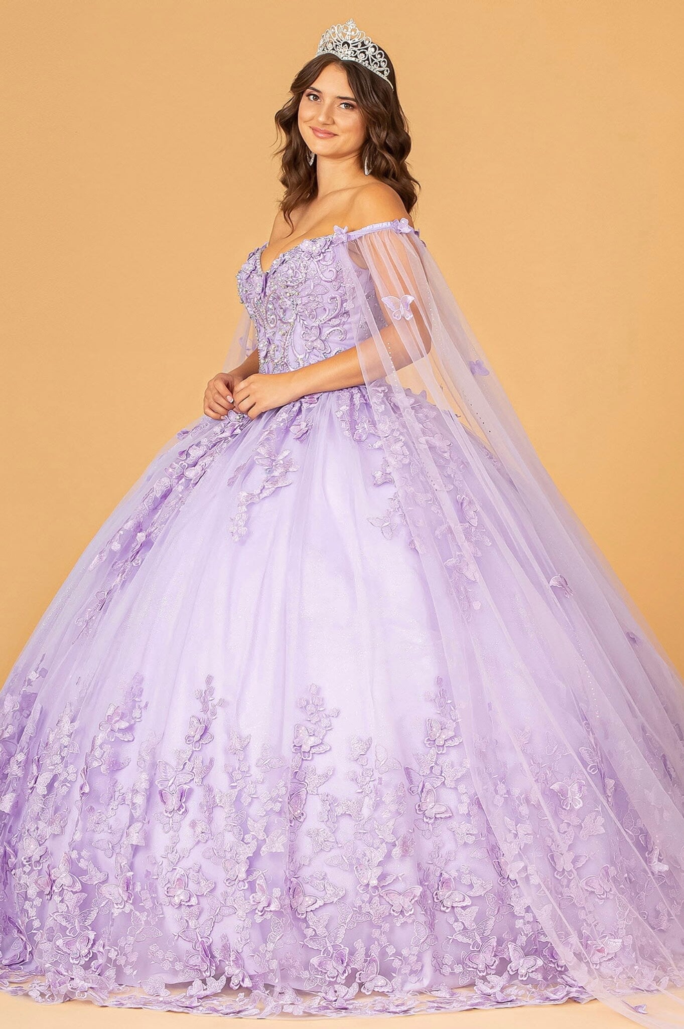 3D Butterfly Applique Glitter Quinceanera Gown w/ Long Mesh Layer by Elizabeth K GL3110 (GLS COLLECTIVE)