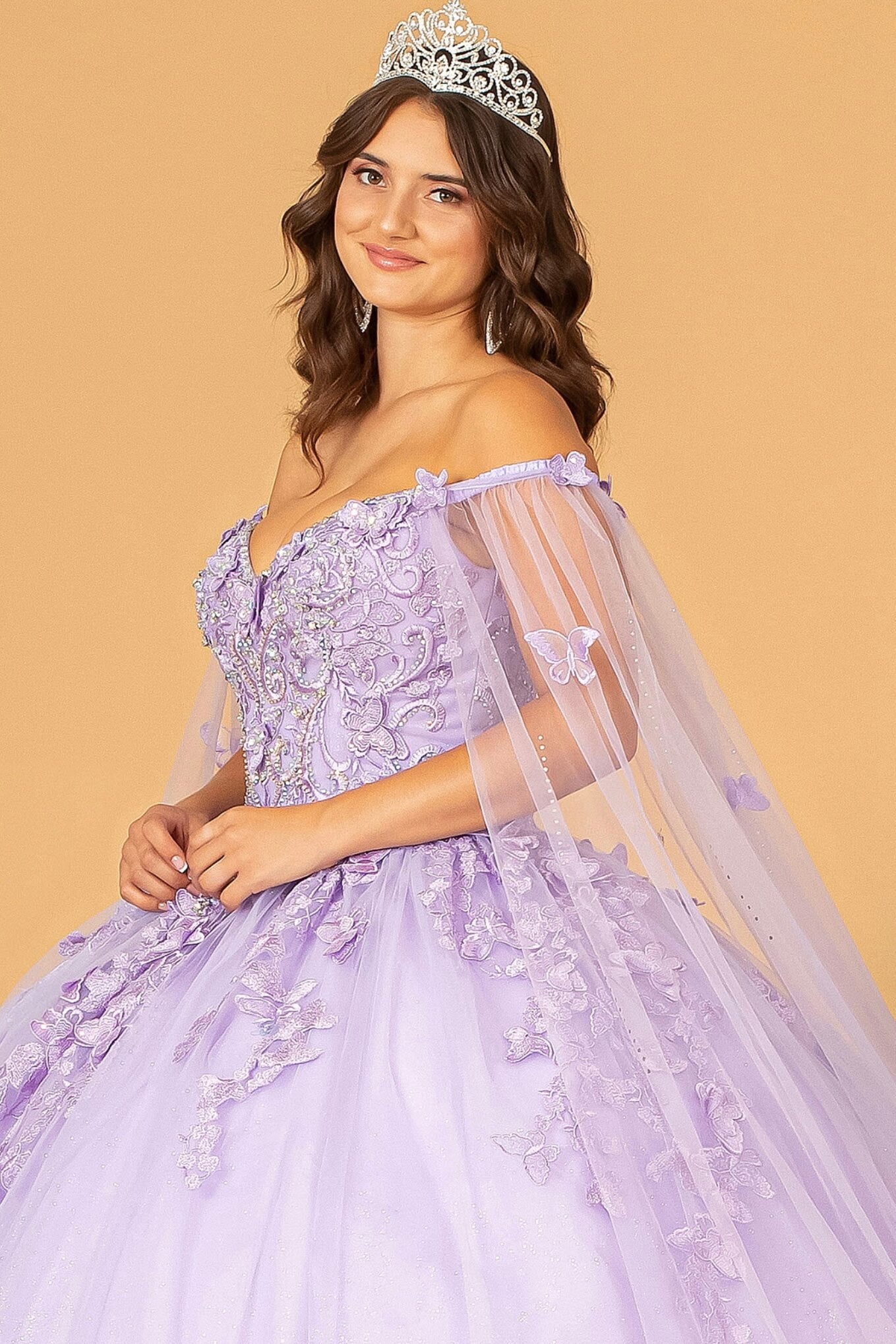 3D Butterfly Applique Glitter Quinceanera Gown w/ Long Mesh Layer by Elizabeth K GL3110 (GLS COLLECTIVE)