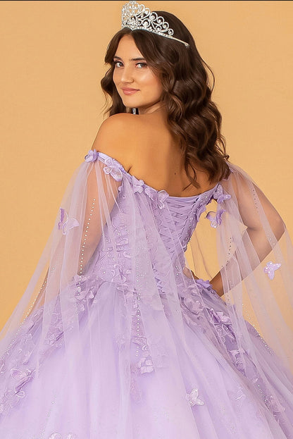 3D Butterfly Applique Glitter Quinceanera Gown w/ Long Mesh Layer by Elizabeth K GL3110 (GLS COLLECTIVE)