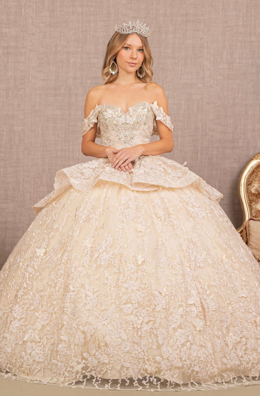 Jewel 3-D Butterfly Applique Off Shoulder Mesh Quinceanera Gown by Elizabeth K GL3112 (GLS COLLECTIVE)