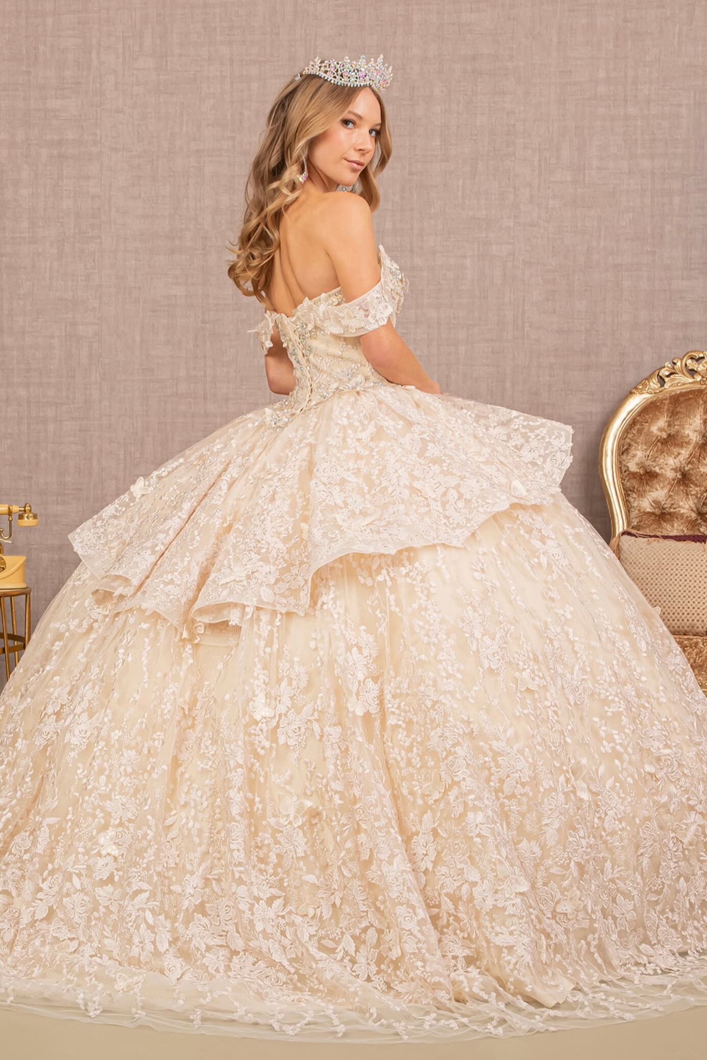 Jewel 3-D Butterfly Applique Off Shoulder Mesh Quinceanera Gown by Elizabeth K GL3112 (GLS COLLECTIVE)