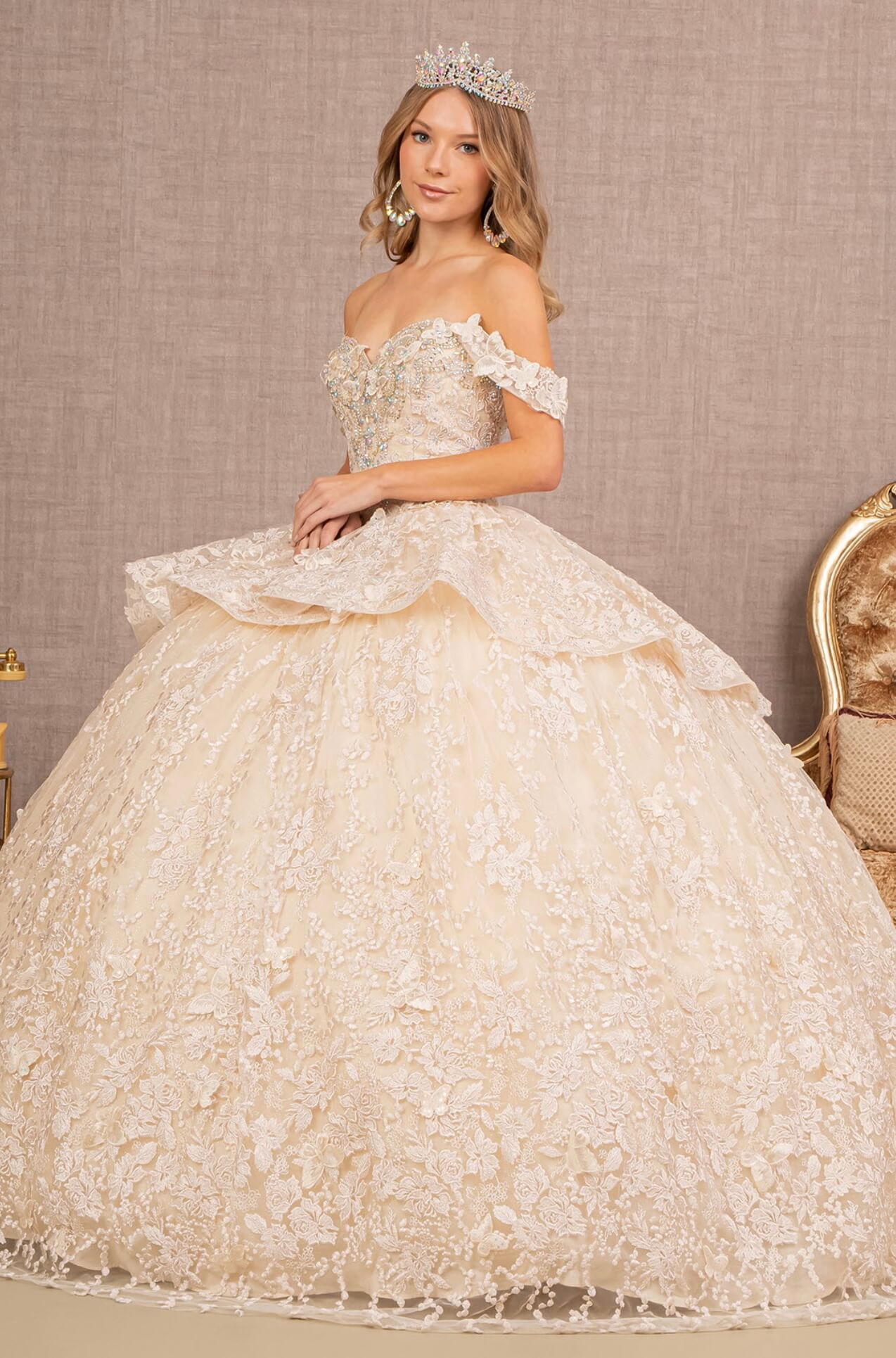 Jewel 3-D Butterfly Applique Off Shoulder Mesh Quinceanera Gown by Elizabeth K GL3112 (GLS COLLECTIVE)