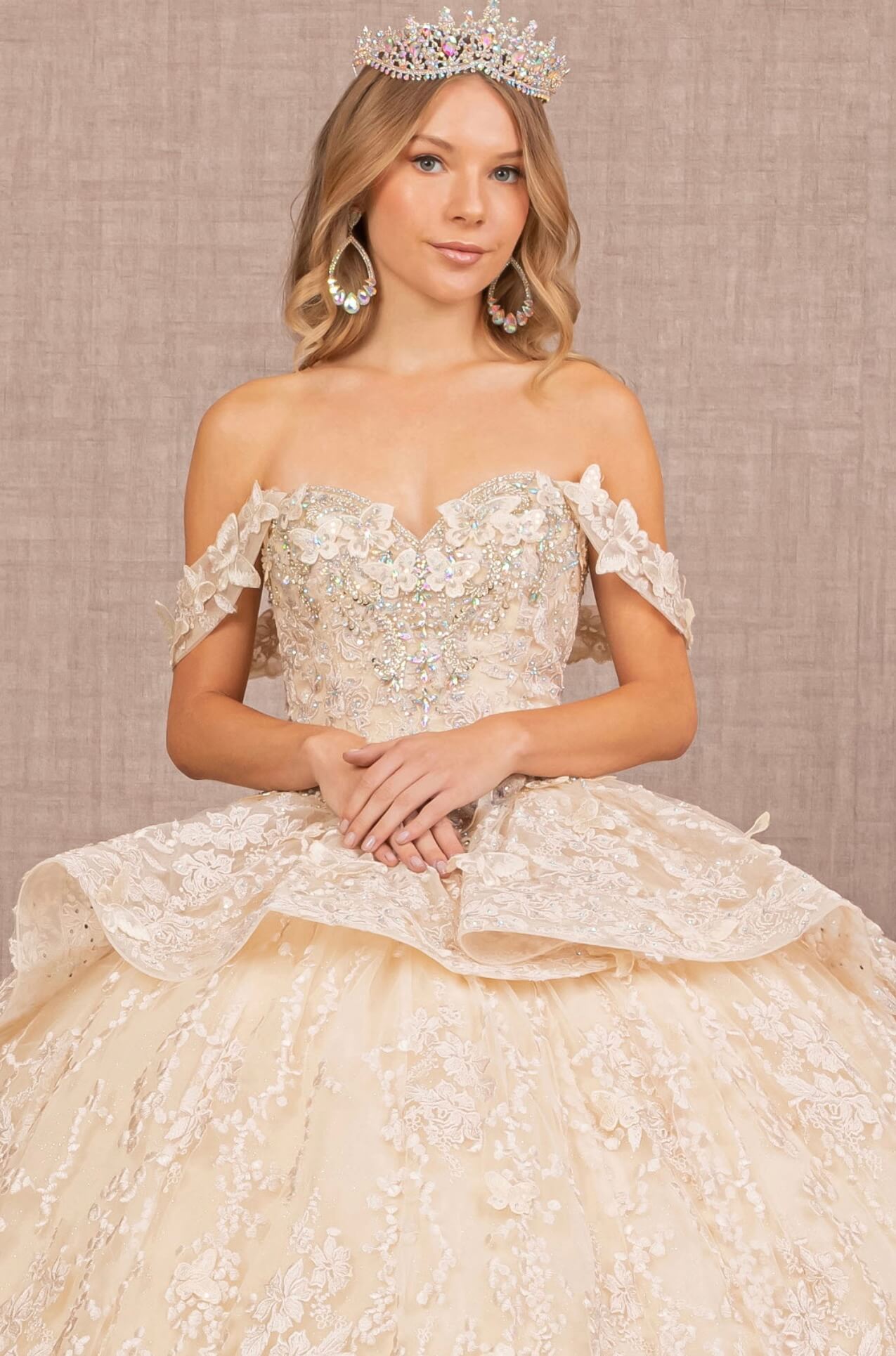 Jewel 3-D Butterfly Applique Off Shoulder Mesh Quinceanera Gown by Elizabeth K GL3112 (GLS COLLECTIVE)