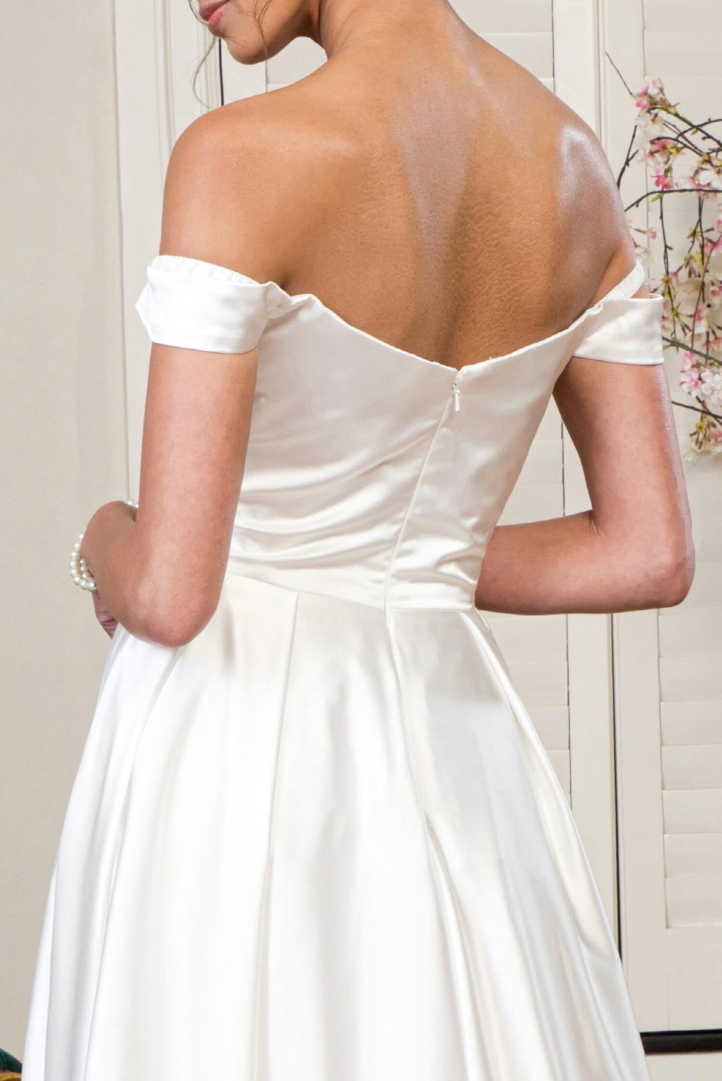 Pleated Waistline Sweetheart Cut-Away Shoulder Satin A-Line Dress by Elizabeth K GL1908 (GLS COLLECTIVE)