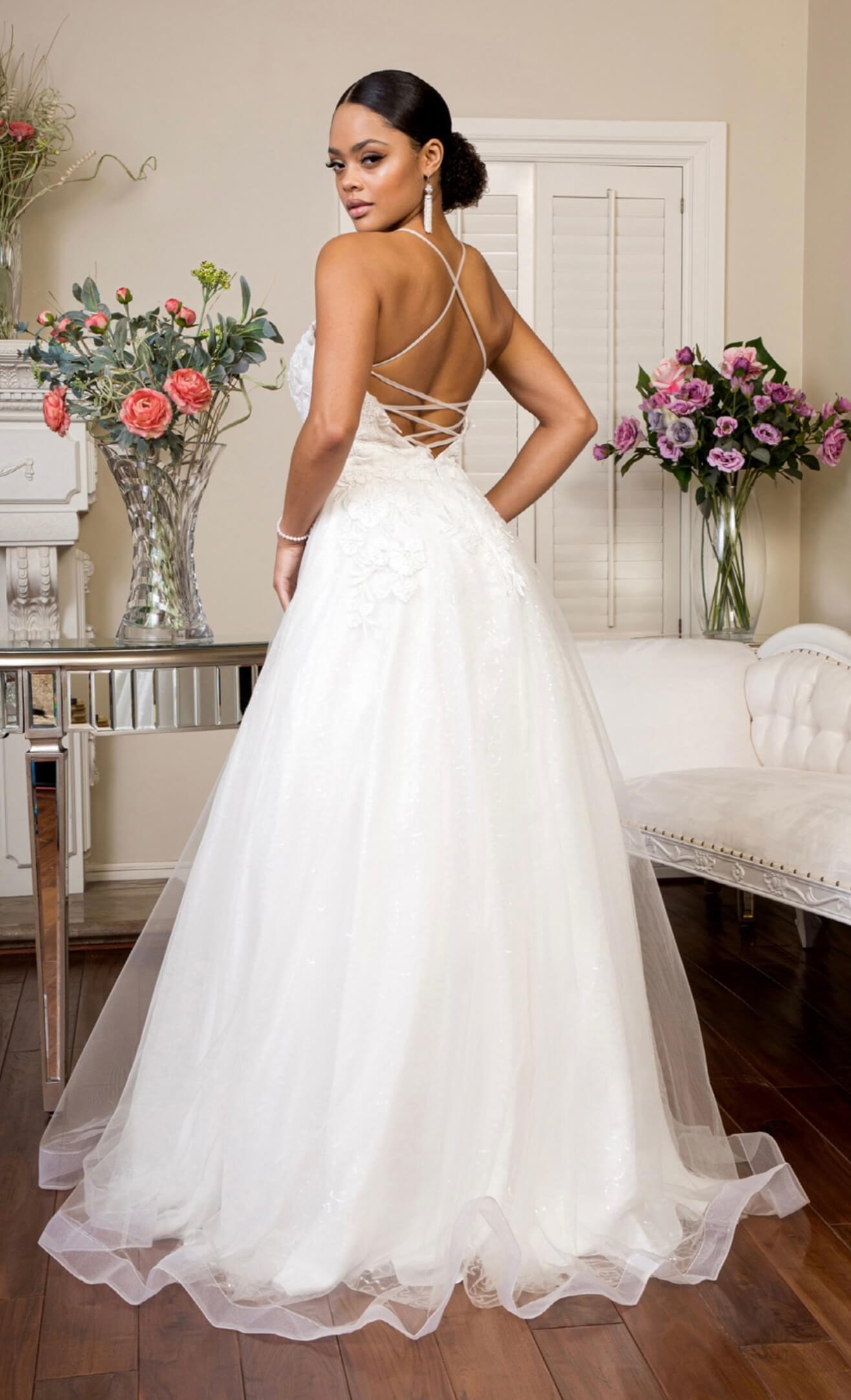 V-Neck Floral Embroidery Sequin Mesh Wedding Gown w/ Lace Up Back by Elizabeth K GL1916 (GLS COLLECTIVE)