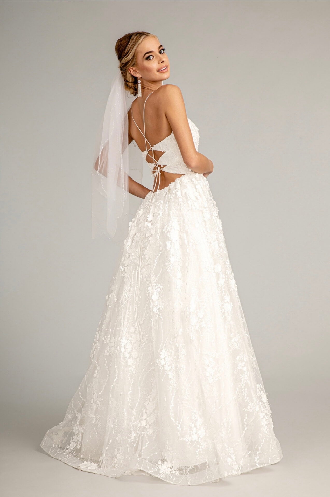 Floral Embroidered Lace-Up Mesh Wedding Gown w/ Sweetheart Neckline by Elizabeth K GL1985 (GLS COLLECTIVE)