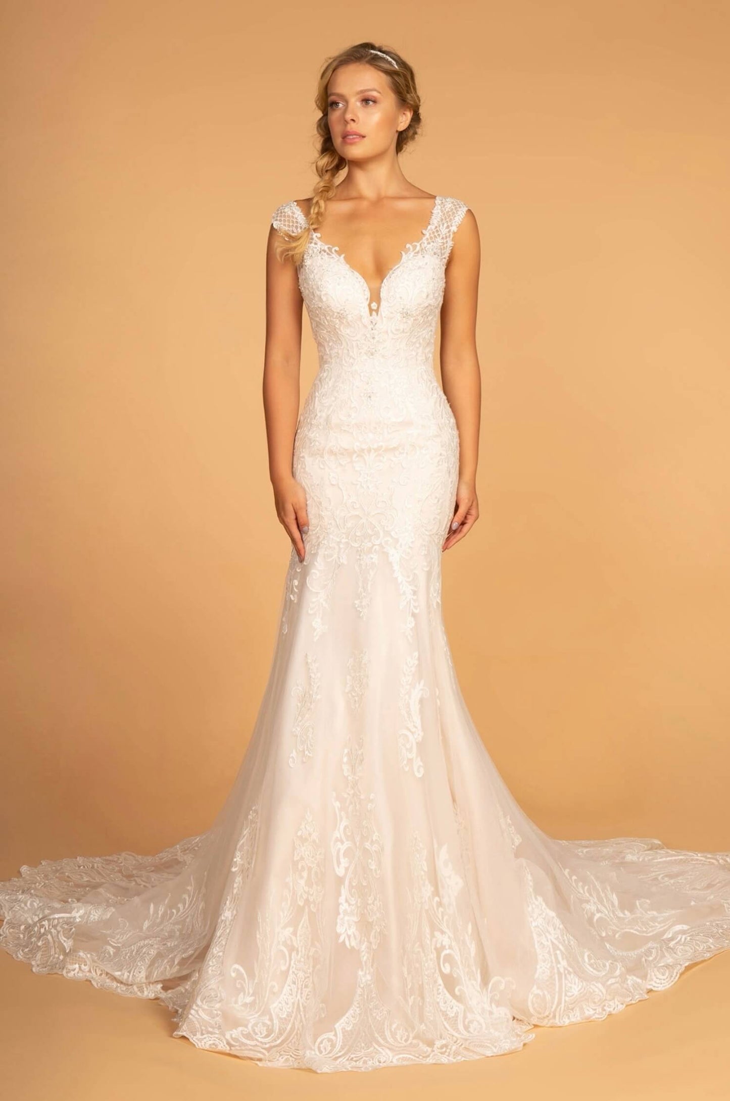 Embroidery Embellished Mesh Wedding Gown w/ Netting Shoulder Strap by Gloria GL2595 (GLS COLLECTIVE)