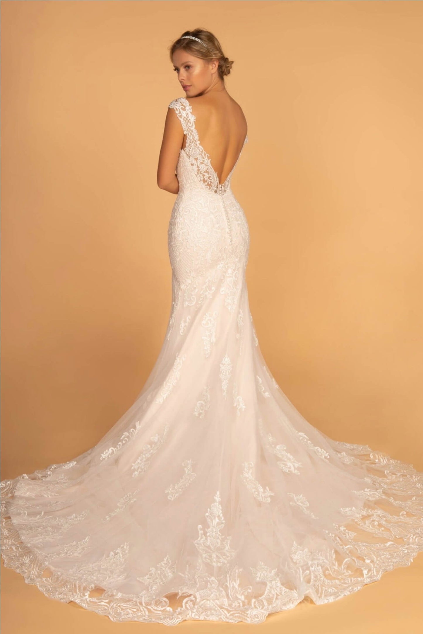 Embroidery Embellished Mesh Wedding Gown w/ Netting Shoulder Strap by Gloria GL2595 (GLS COLLECTIVE)