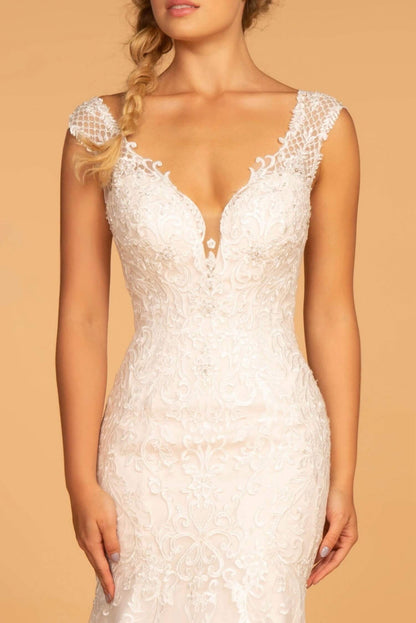 Embroidery Embellished Mesh Wedding Gown w/ Netting Shoulder Strap by Gloria GL2595 (GLS COLLECTIVE)