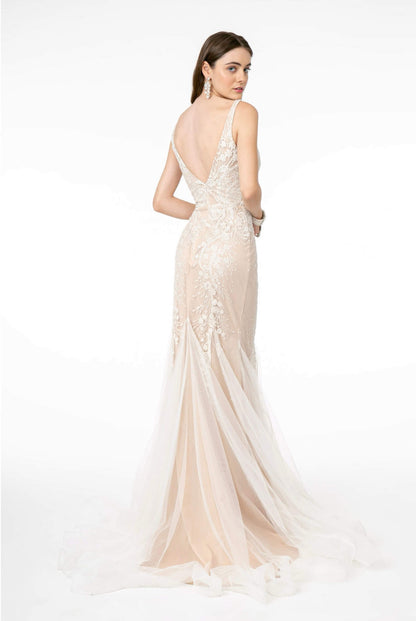 V-Neck Mermaid Long Dress w/ V-Back and Beautiful Jewel by Gloria GL2985 (GLS COLLECTIVE)