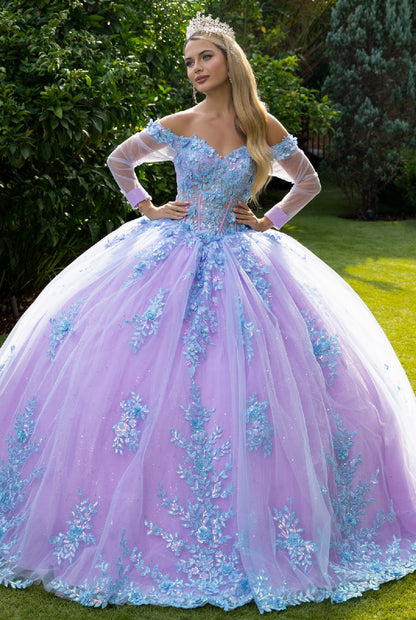 3D Floral Applique embellished cut-away shoulder Quinceañera Dress w/Long mesh Sleeve. Gl3503 GLS by Gloria