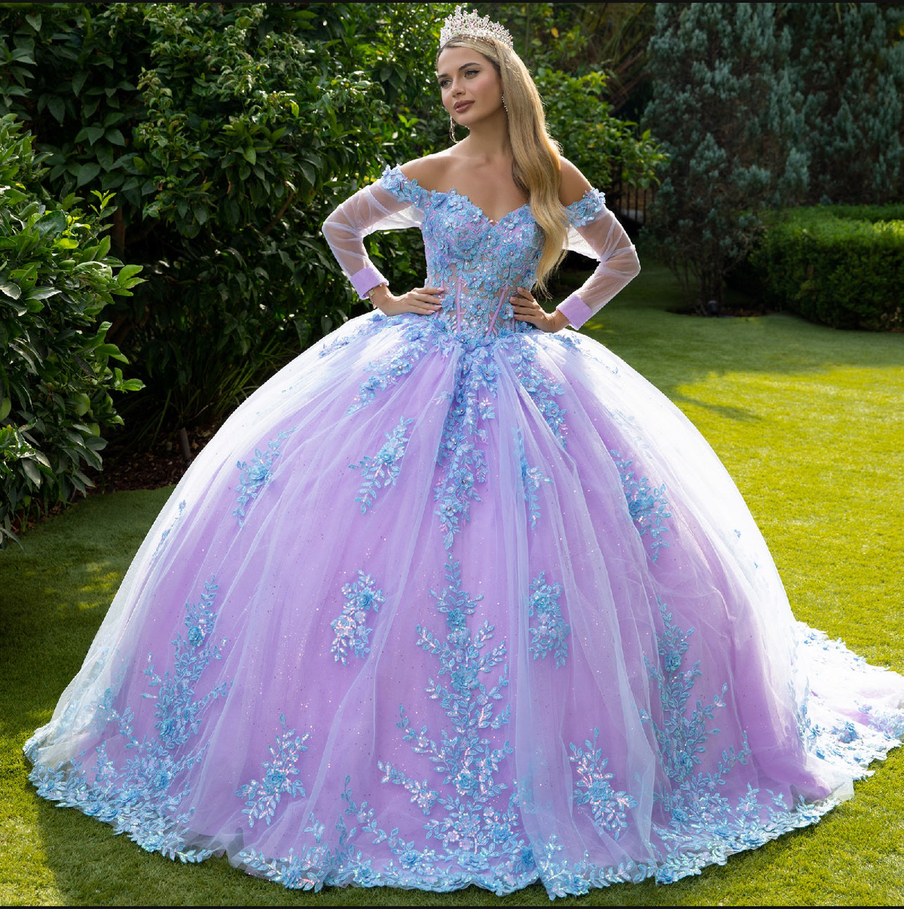 3D Floral Applique embellished cut-away shoulder Quinceañera Dress w/Long mesh Sleeve. Gl3503 GLS by Gloria