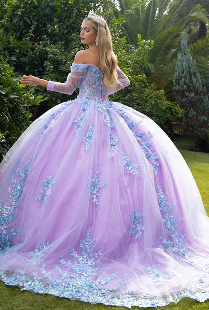 3D Floral Applique embellished cut-away shoulder Quinceañera Dress w/Long mesh Sleeve. Gl3503 GLS by Gloria