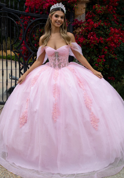 Sheer Bodice Lace Embellished Glitter Mesh Sweetheart Quinceanera Dres by GL3502 GLS by Gloria