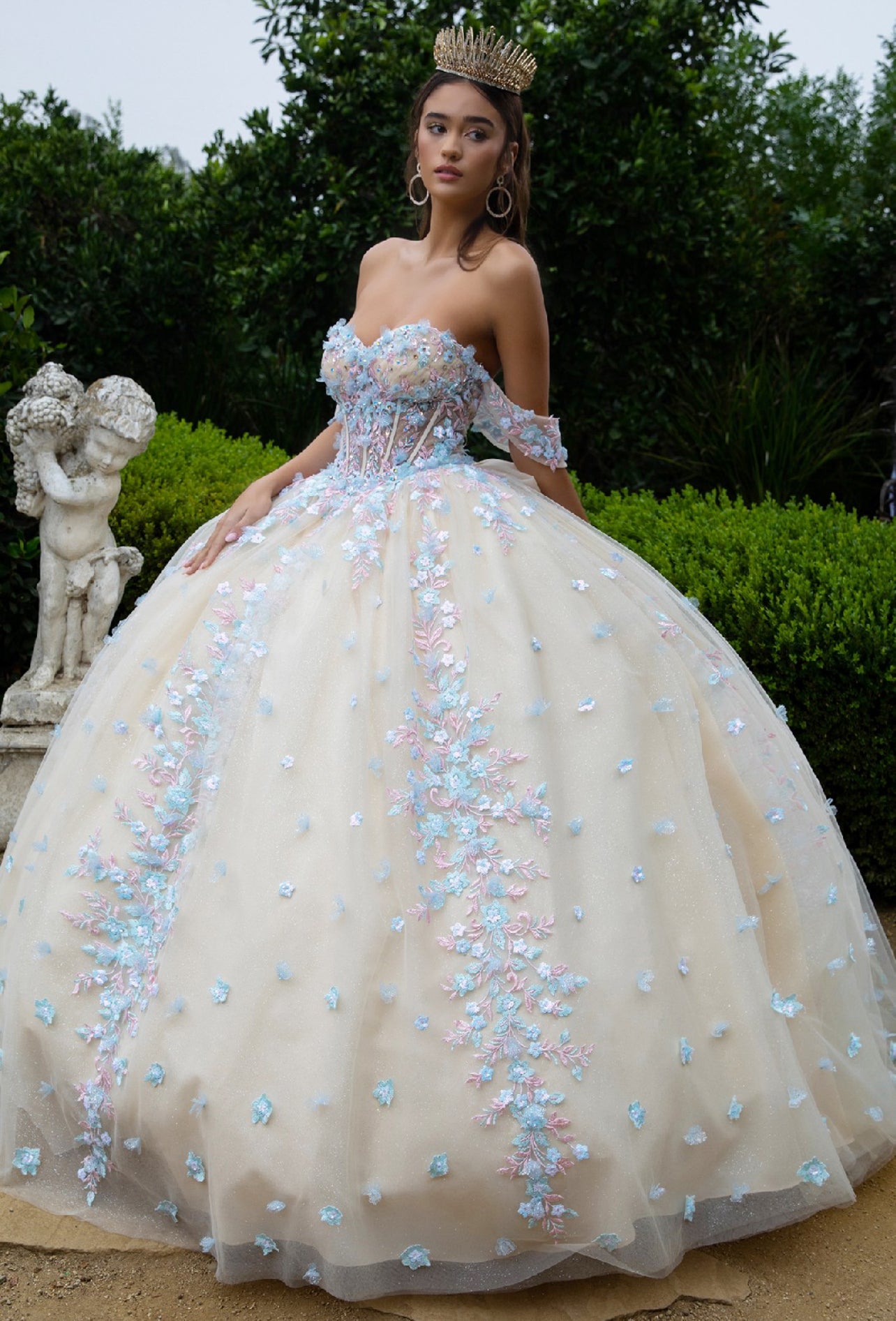 3D Floral Applique Embellished Sweetheart Sheer Bodice Quinceanera Dress. GL3504