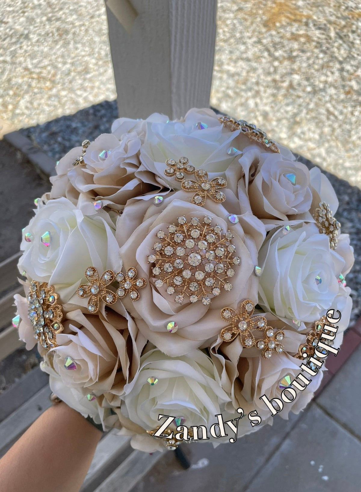 Champagne and Ivory with Gold Brooches Bouquet. CHI017 by MARINA’S CRAFT.